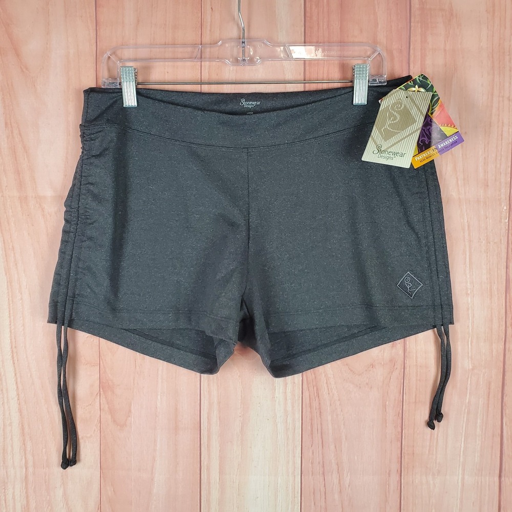 Stonewear Designs Womens Hot Yoga Shorts Sz Large Gray‎ Heather Stretch Ruched